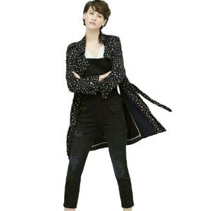 Zara Woman Navy Floral Viscose Duster Trench Coat Jacket Belted Size Medium